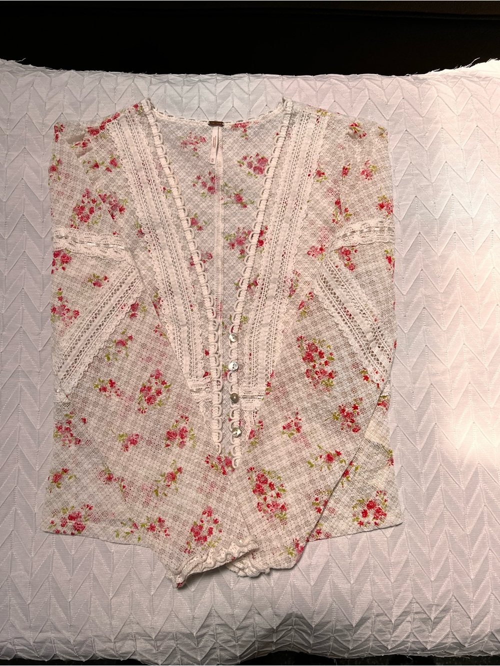 Free People Cream Floral Lace-Trim Button Cardigan - Picture 6 of 6